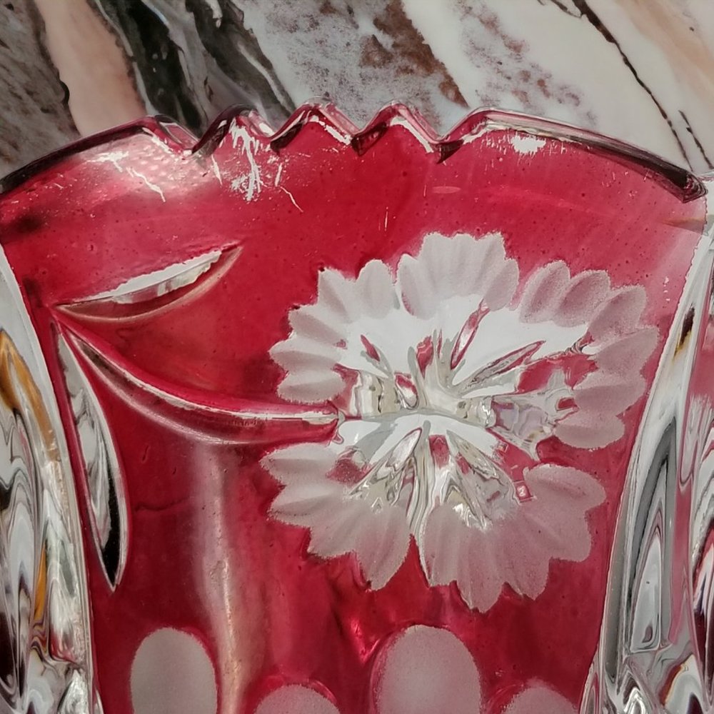 Anna Hutte Crystal Flower Vase Cranberry Red- Cut to-Clear Bleikristall Crystal - Picture 7 of 13